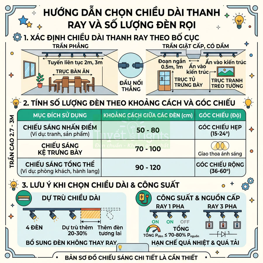 Hướng dẫn chọn chiều dài thanh ray và số lượng đèn rọi cho trần nhà phòng khách và phòng ăn