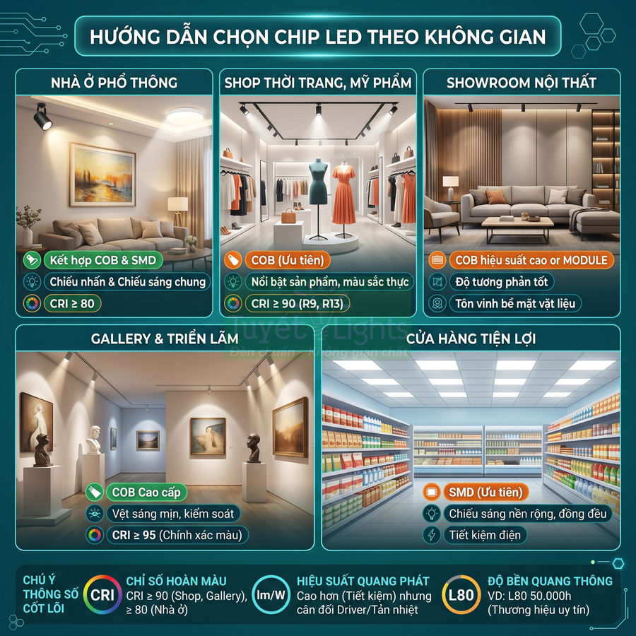Hướng dẫn chọn chip LED COB và SMD cho nhà ở, shop thời trang, showroom, gallery và cửa hàng tiện lợi