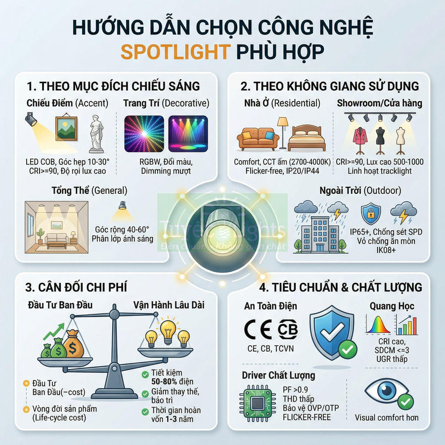 Infographic hướng dẫn chọn công nghệ đèn spotlight phù hợp theo mục đích, không gian, chi phí và tiêu chuẩn chất lượng