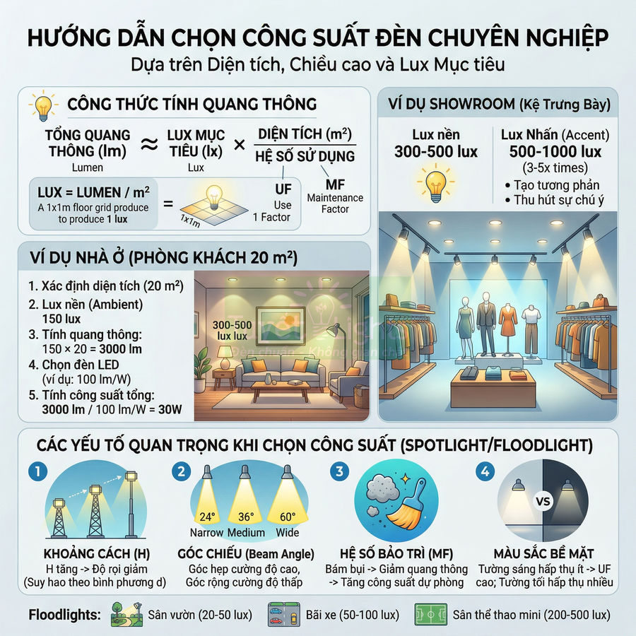 Infographic hướng dẫn chọn công suất đèn LED chiếu sáng nhà ở và showroom dựa trên diện tích và độ lux