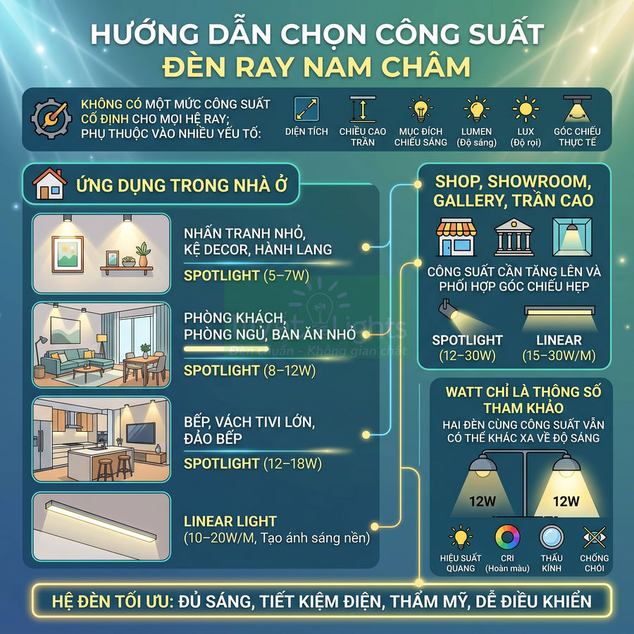 Nên chọn đèn rọi ray nam châm công suất bao nhiêu là đủ sáng?