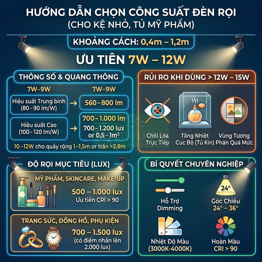 Hướng dẫn chọn công suất đèn rọi LED 7W 12W cho kệ nhỏ tủ mỹ phẩm và trưng bày sản phẩm