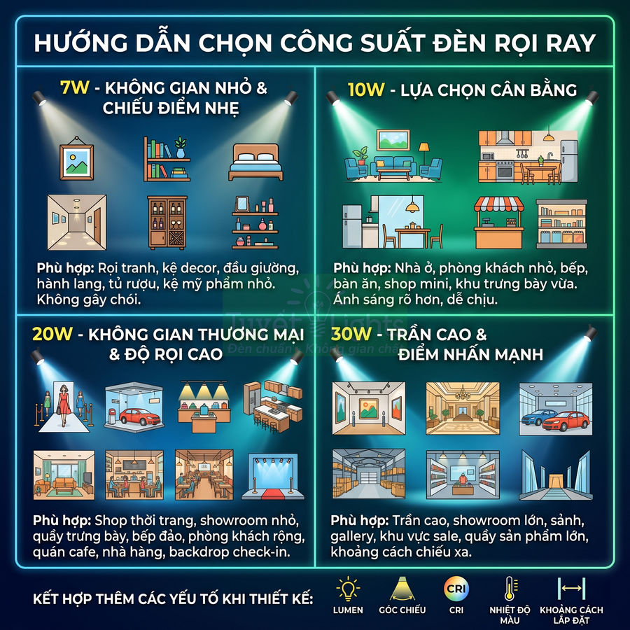 Đèn rọi ray 7W, 10W, 20W, 30W nên dùng cho không gian nào?