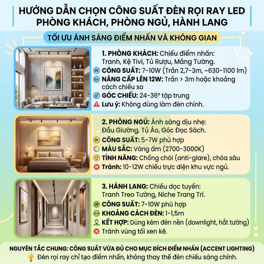 Hướng dẫn chọn công suất đèn rọi ray LED cho phòng khách, phòng ngủ và hành lang tối ưu ánh sáng điểm nhấn