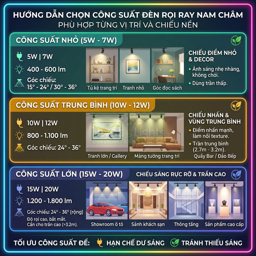Hướng dẫn chọn công suất đèn rọi ray nam châm cho từng không gian chiếu sáng trong nhà và showroom