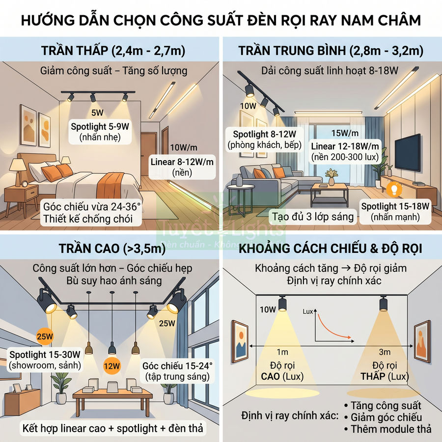 Hướng dẫn chọn công suất đèn rọi ray nam châm cho trần thấp, trung bình, cao và khoảng cách chiếu sáng