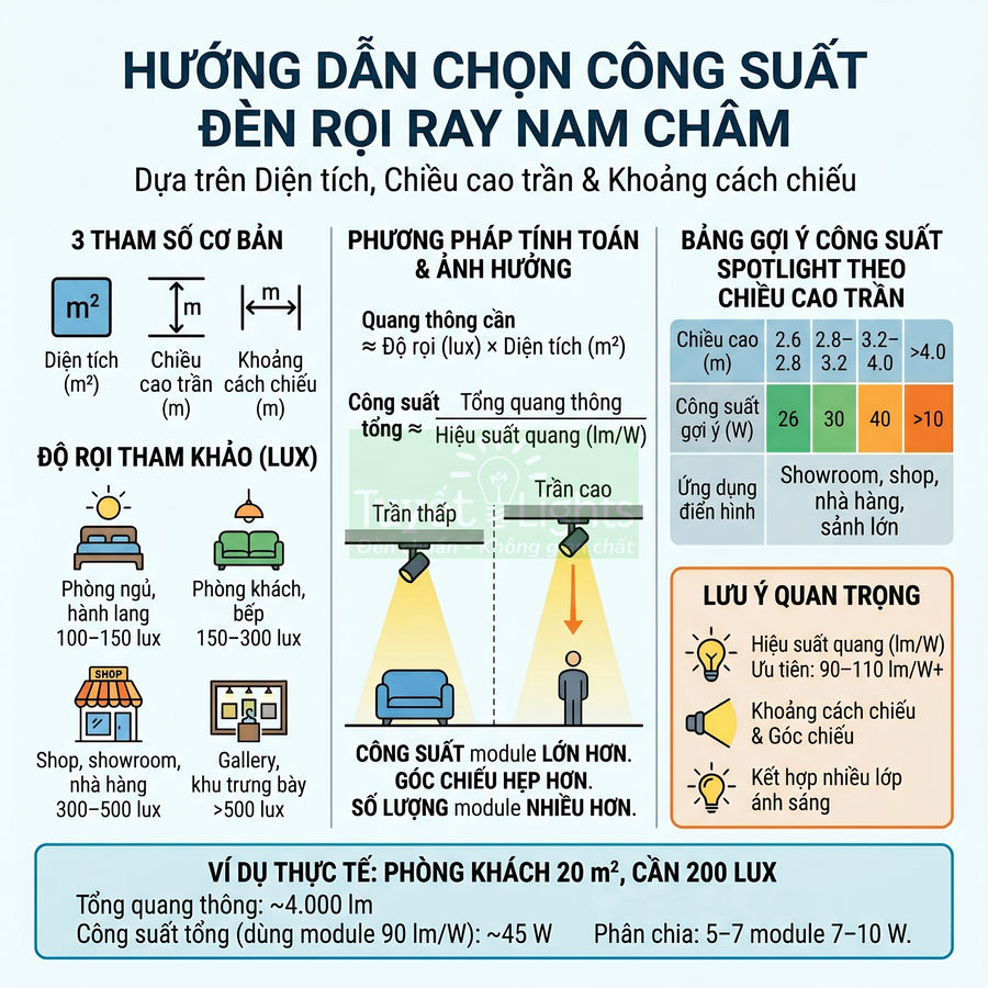 Hướng dẫn chọn công suất đèn rọi ray nam châm theo diện tích, chiều cao trần và độ rọi phòng