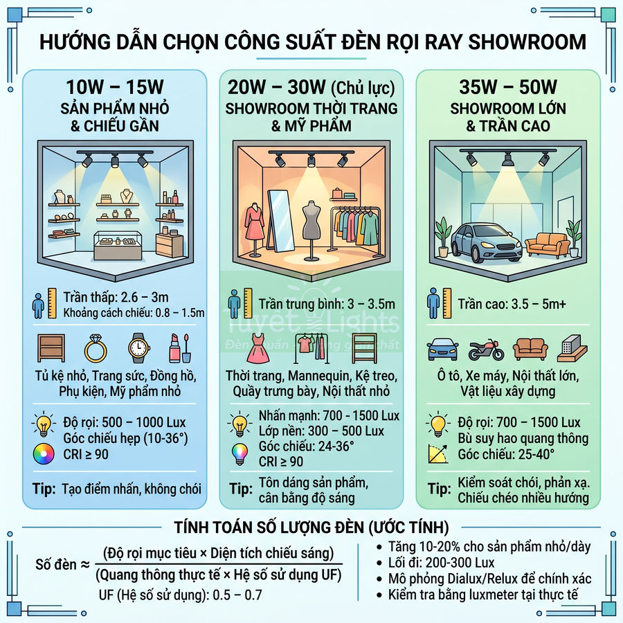 Hướng dẫn chọn công suất đèn rọi ray cho showroom thời trang, mỹ phẩm và showroom lớn trần cao
