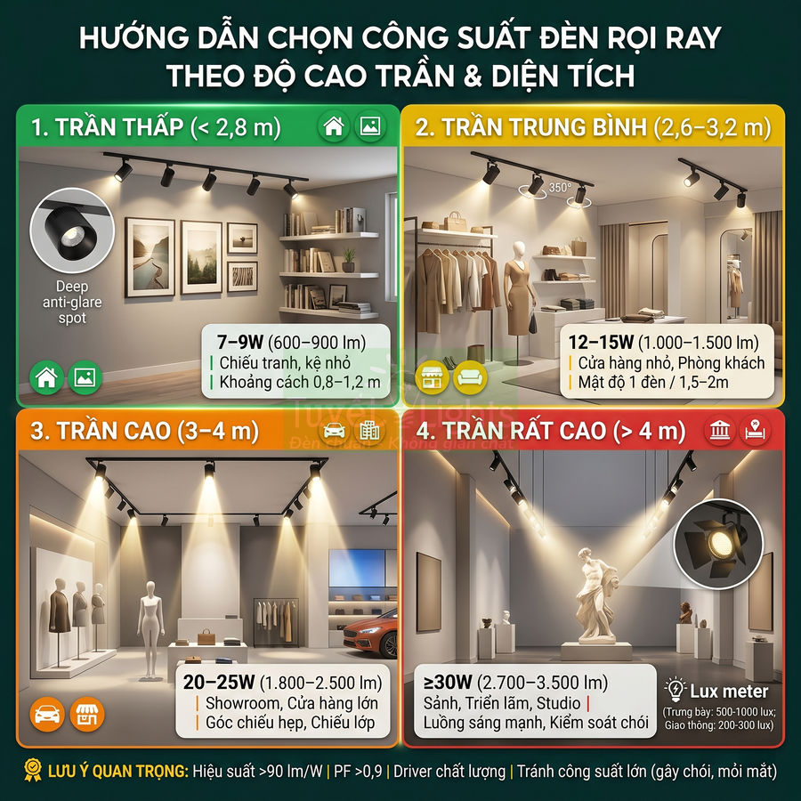Hướng dẫn chọn công suất đèn rọi ray LED theo độ cao trần và diện tích phòng trưng bày