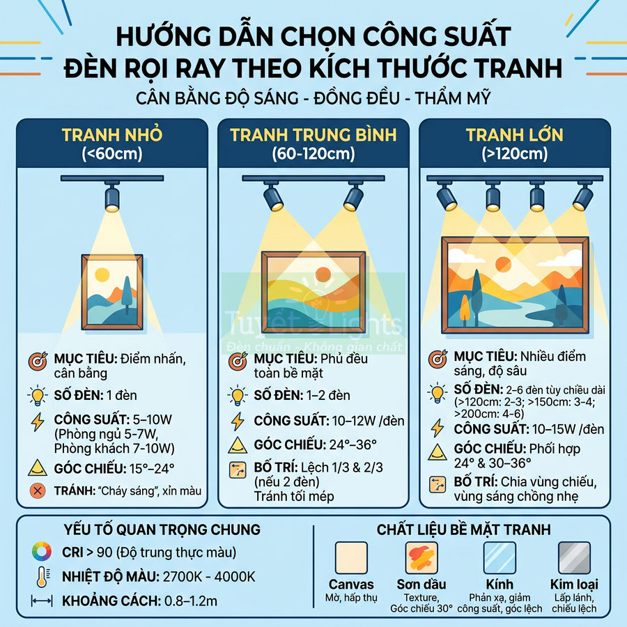 Hướng dẫn chọn công suất đèn rọi ray chiếu tranh nhỏ trung bình lớn theo kích thước và chất liệu bề mặt