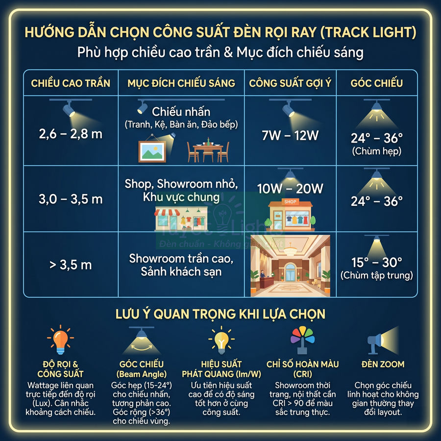 Bảng hướng dẫn chọn công suất và góc chiếu đèn rọi ray theo chiều cao trần và mục đích chiếu sáng