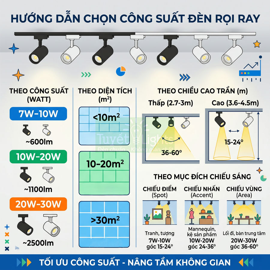 Hướng dẫn chọn công suất đèn rọi ray Tuyết Lights theo diện tích trần nhà và mục đích chiếu sáng
