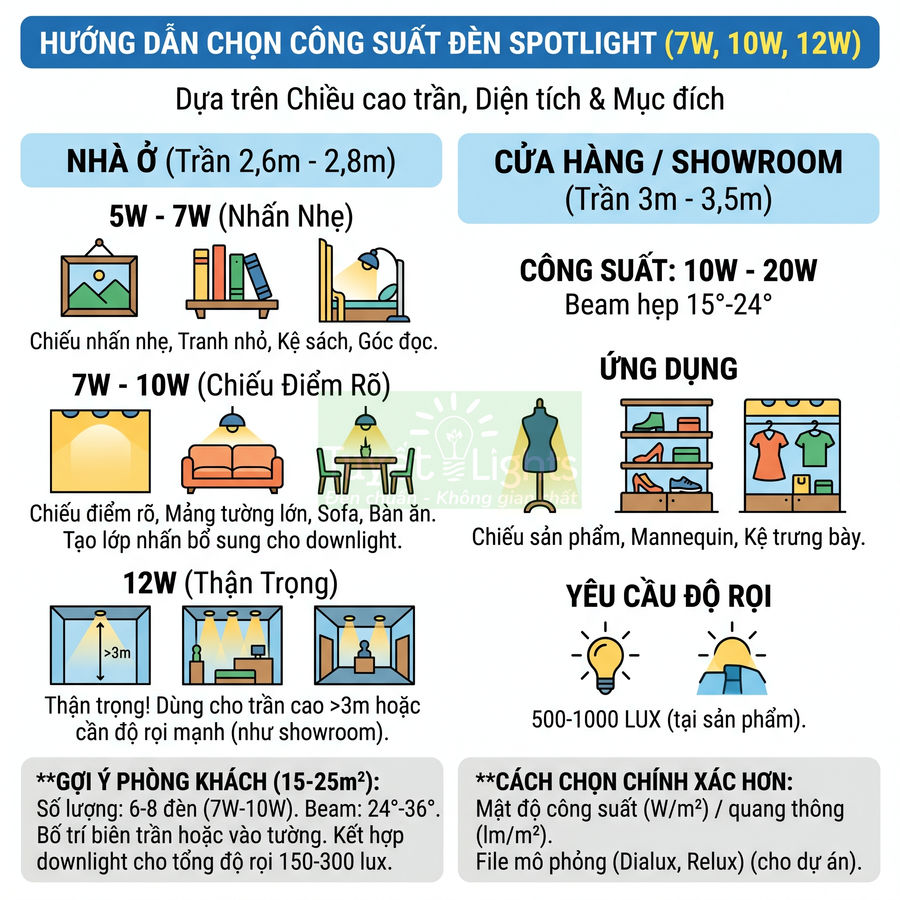 Hướng dẫn chọn công suất đèn spotlight 7W 10W 12W cho nhà ở và cửa hàng showroom