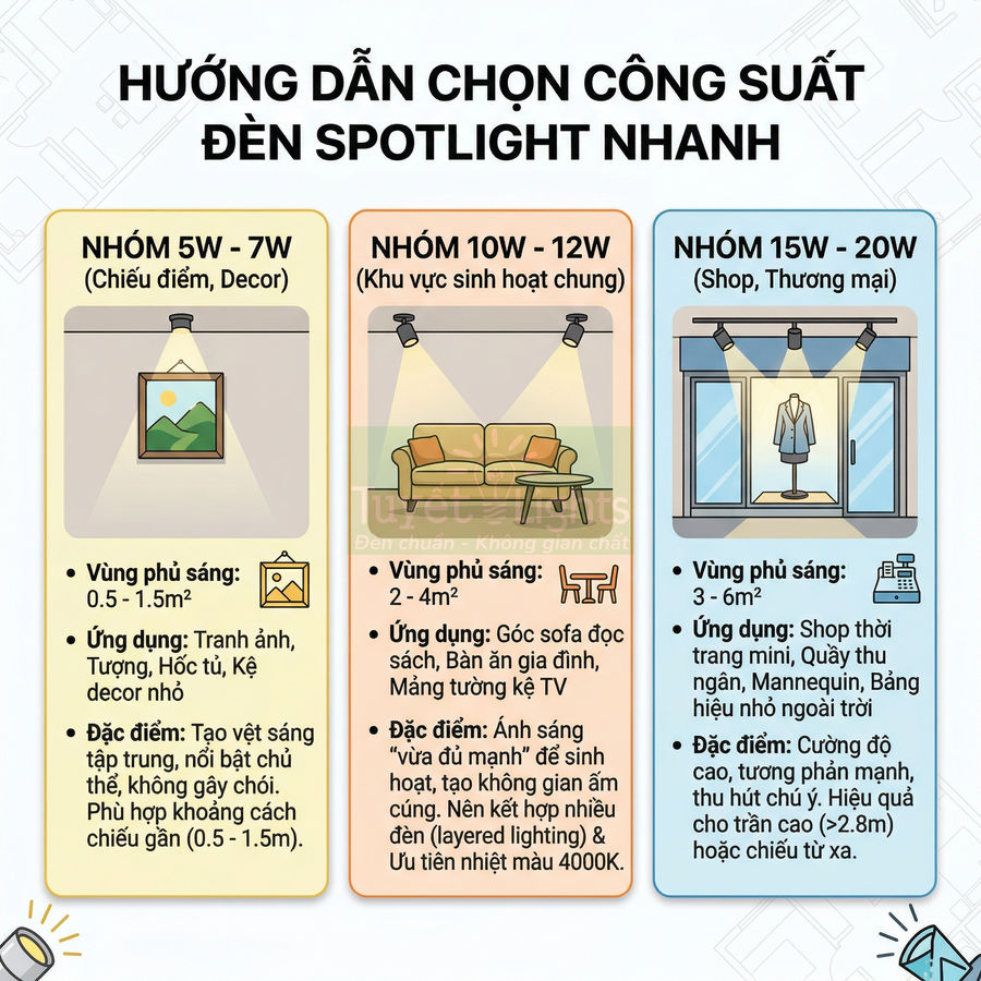 Hướng dẫn chọn công suất đèn spotlight 5W 7W 10W 12W 15W 20W cho tranh ảnh phòng khách và shop thời trang
