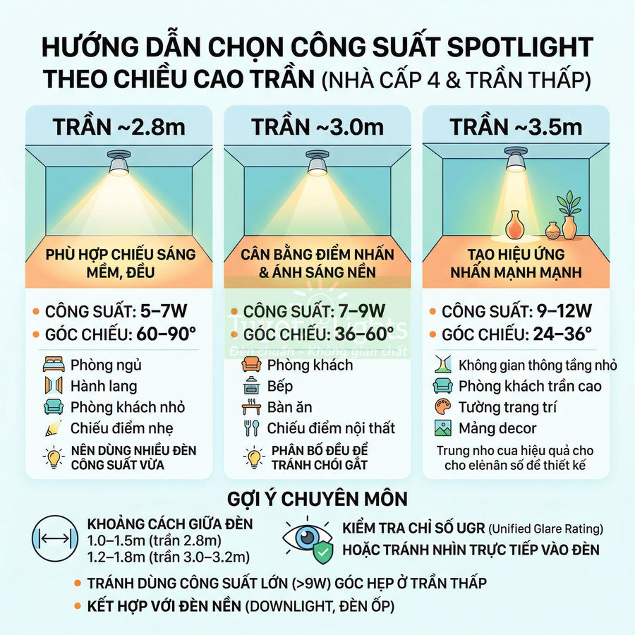 Hướng dẫn chọn công suất đèn spotlight theo chiều cao trần nhà cấp 4 và trần thấp