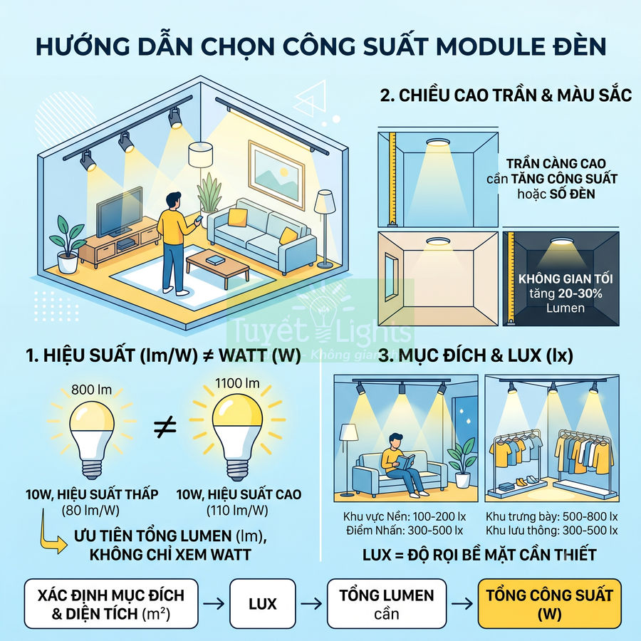 Hướng dẫn chọn công suất module đèn LED cho phòng khách, khu đọc sách và tủ trưng bày quần áo