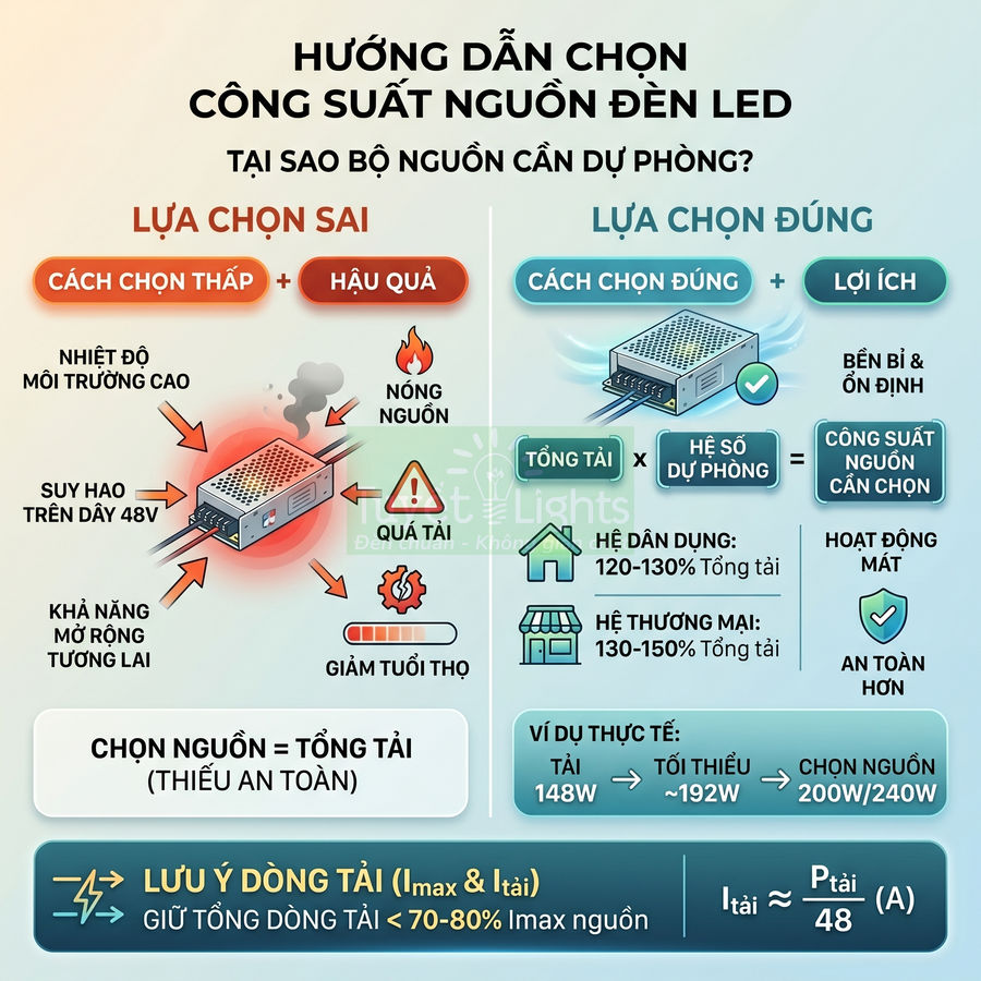 Hướng dẫn chọn công suất bộ nguồn đèn LED với ví dụ tải 148W và khuyến nghị chọn nguồn 200W 240W