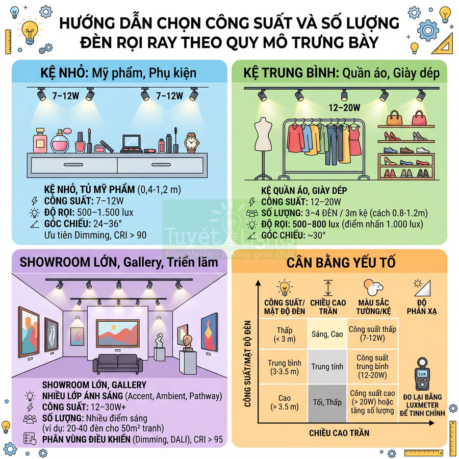 Hướng dẫn chọn công suất và số lượng đèn rọi ray cho kệ mỹ phẩm, quần áo, showroom trưng bày