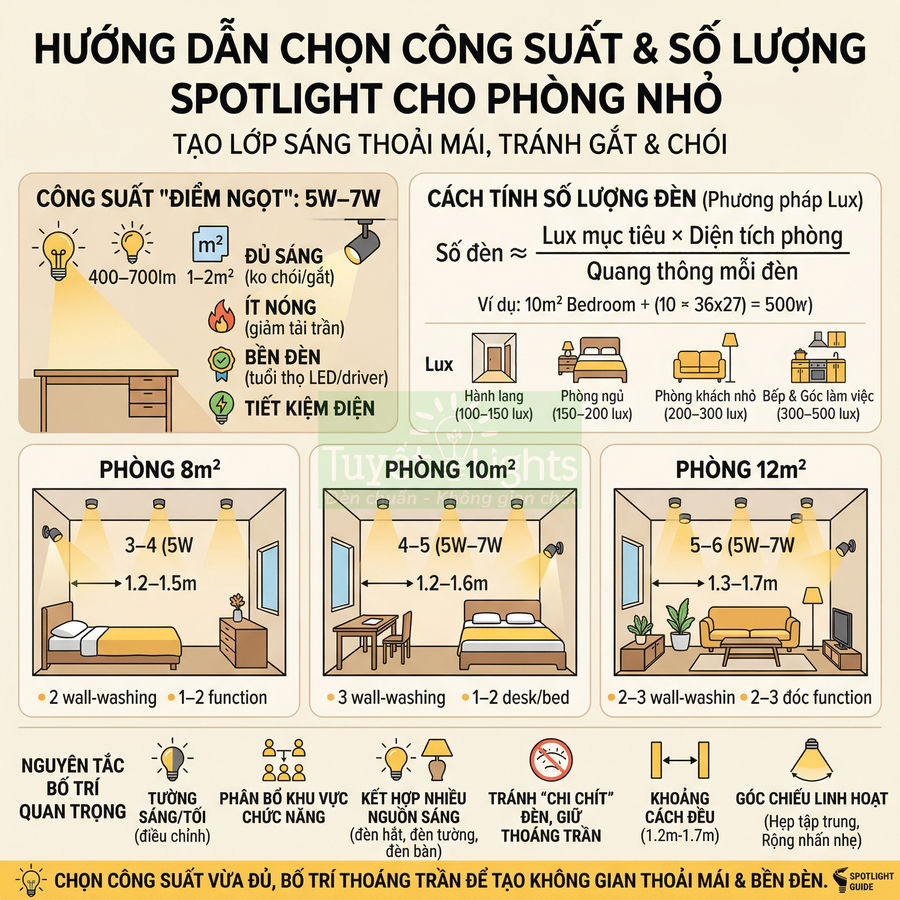Hướng dẫn chọn công suất và số lượng đèn spotlight cho phòng ngủ nhỏ, bố trí ánh sáng đều và tiết kiệm điện