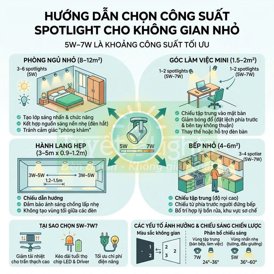 Infographic hướng dẫn chọn công suất đèn spotlight 5W 7W cho phòng ngủ nhỏ bếp nhỏ góc làm việc và hành lang hẹp