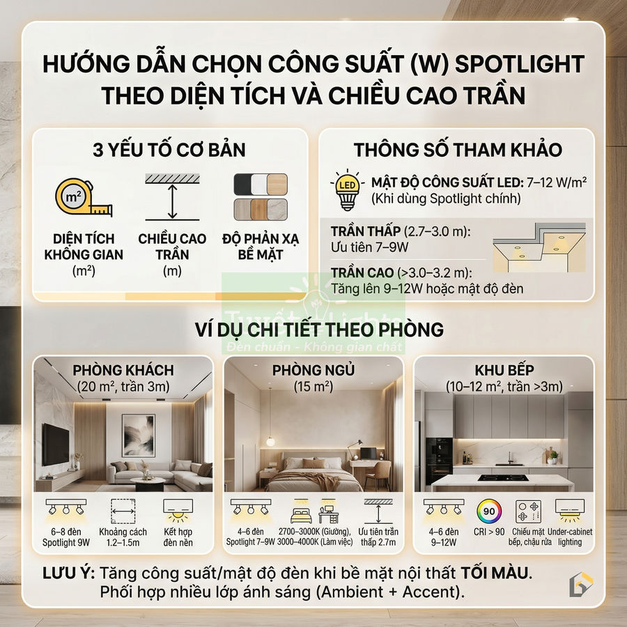 Hướng dẫn chọn công suất đèn spotlight theo diện tích, chiều cao trần và ví dụ bố trí cho phòng khách, phòng ngủ, khu bếp