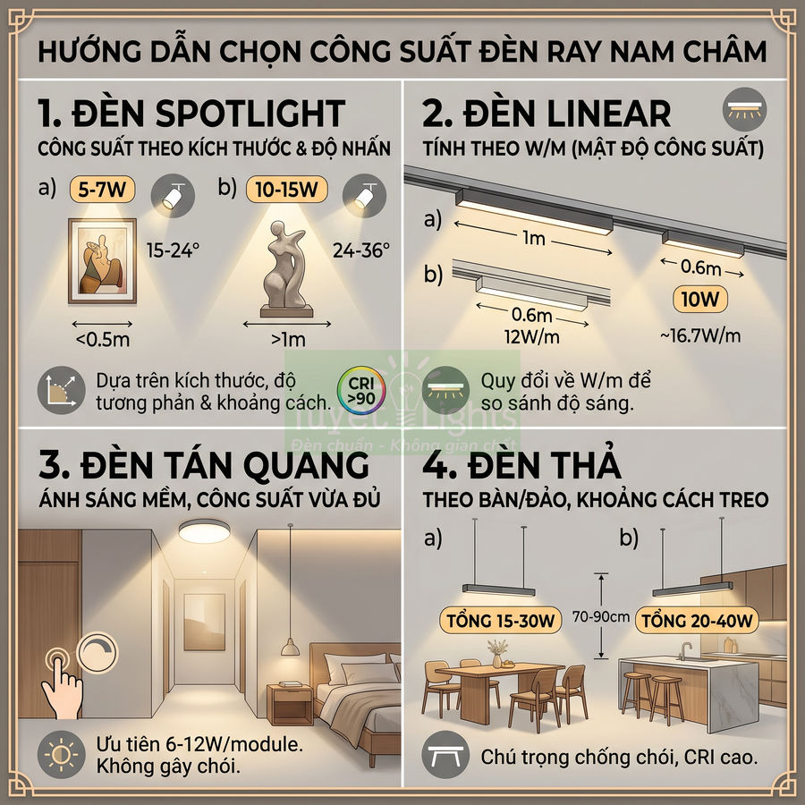 Hướng dẫn chọn công suất đèn ray nam châm spotlight, linear, tán quang và đèn thả cho phòng ngủ, bếp, phòng ăn