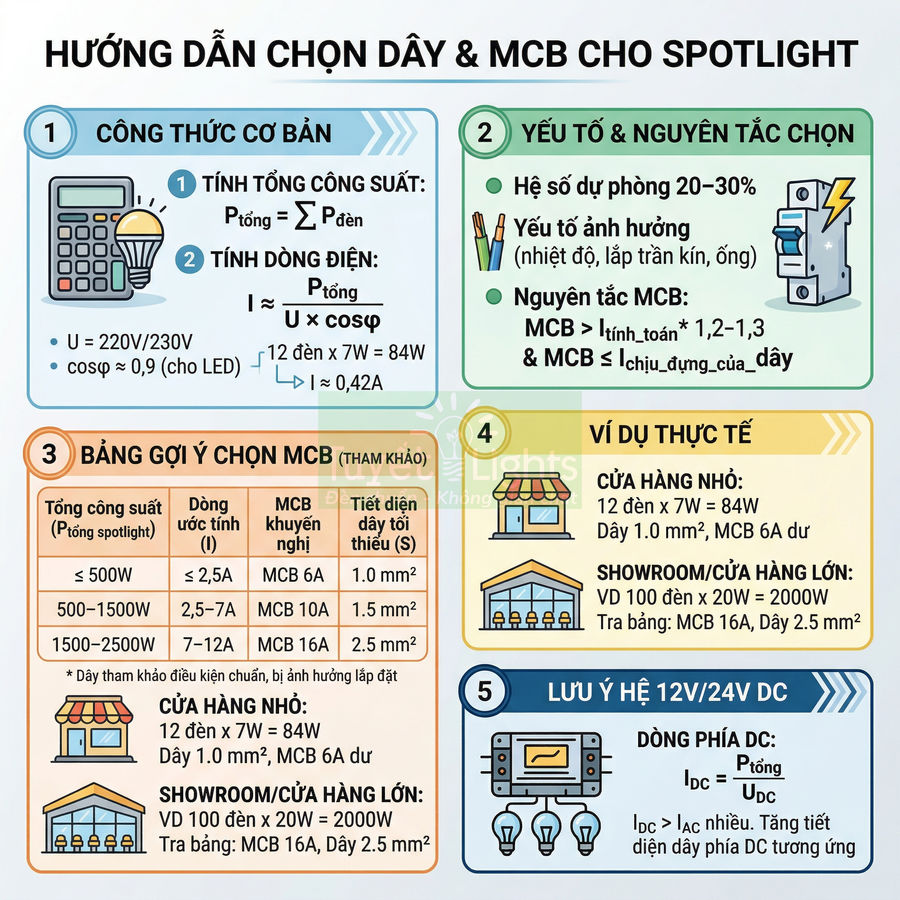 Hướng dẫn chọn dây điện và MCB cho hệ thống đèn spotlight với công thức tính công suất và ví dụ lắp đặt