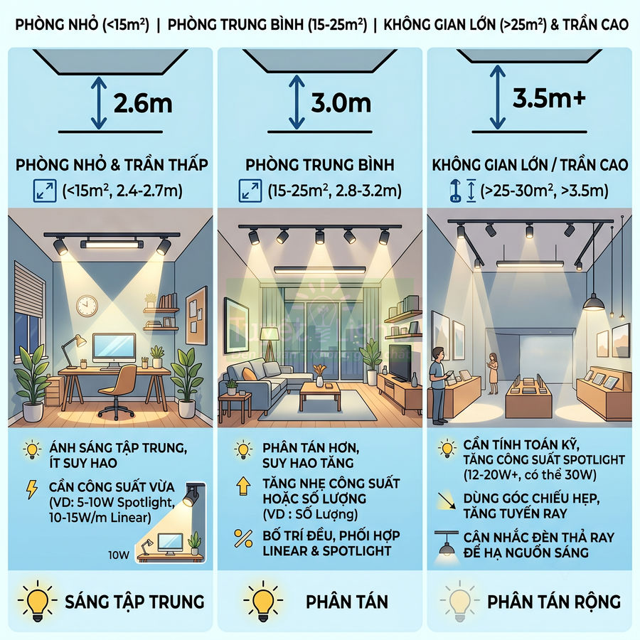 Minh họa so sánh cách bố trí đèn spotlight và đèn linear cho phòng nhỏ, phòng trung bình và không gian lớn trần cao