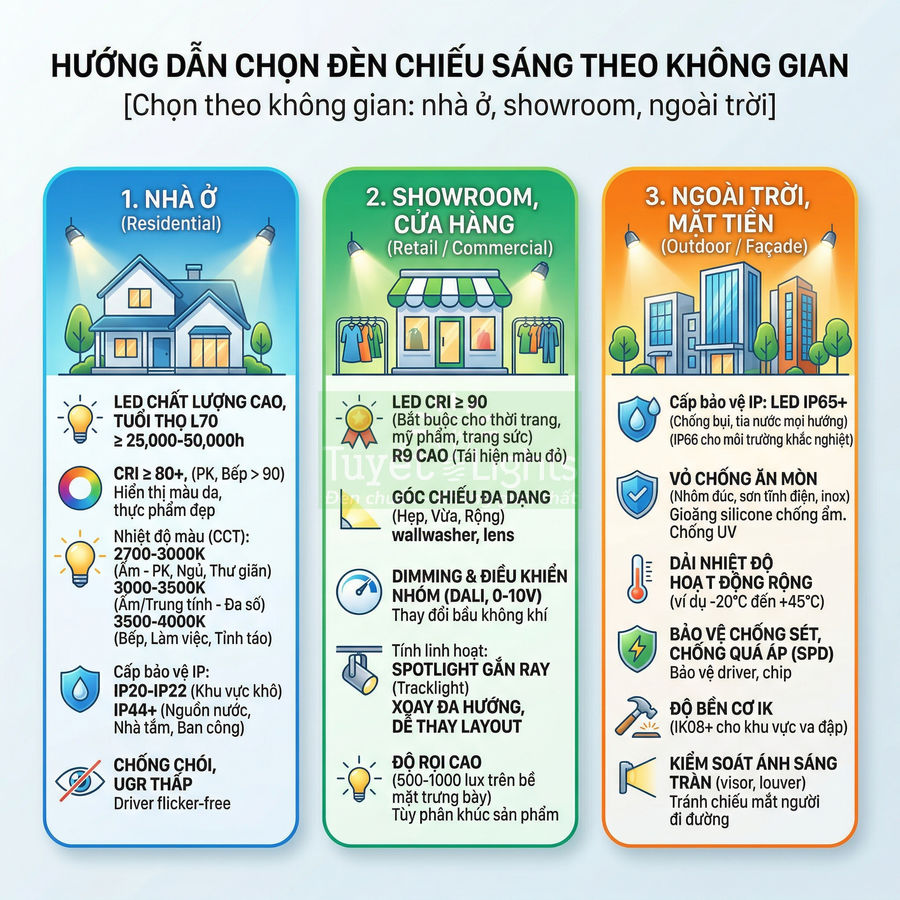 Hướng dẫn chọn đèn LED chiếu sáng cho nhà ở, showroom cửa hàng và ngoài trời mặt tiền
