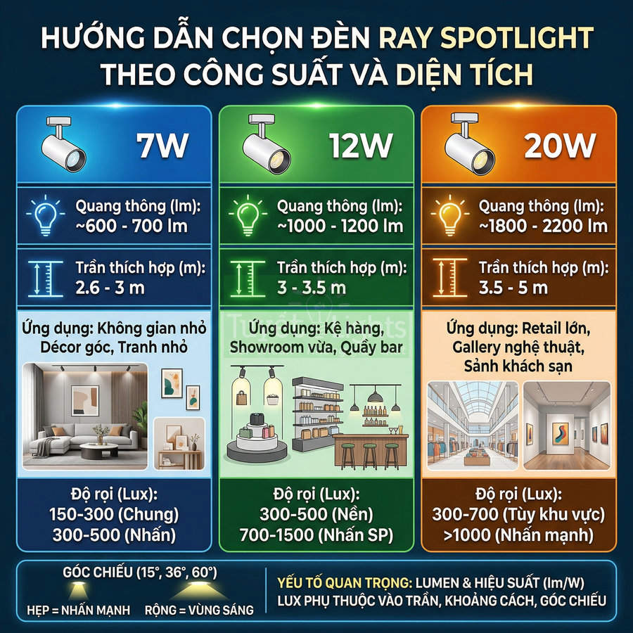 Hướng dẫn chọn đèn ray spotlight 7W 12W 20W theo quang thông trần nhà và ứng dụng chiếu sáng