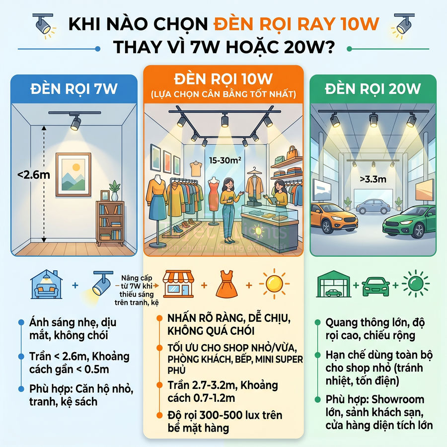 So sánh ứng dụng đèn rọi ray 7W, 10W và 20W cho trần nhà, shop thời trang và showroom ô tô