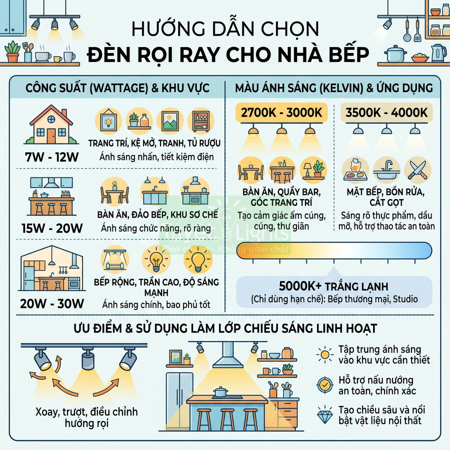 Đèn rọi ray cho phòng bếp: Nên chọn công suất và màu ánh sáng nào?