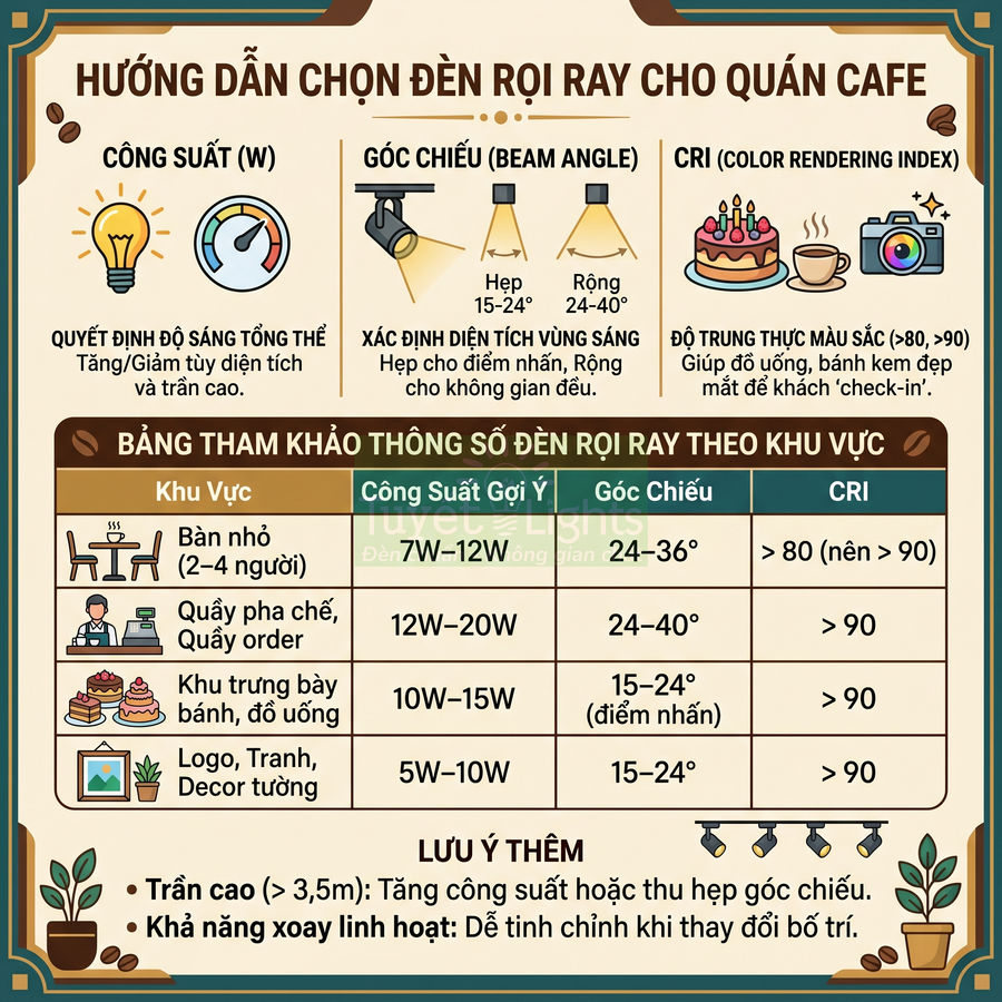 Hướng dẫn chọn đèn rọi ray LED cho quán cafe với bảng tham khảo công suất, góc chiếu và chỉ số CRI