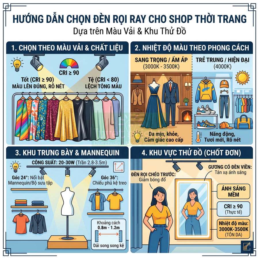 Hướng dẫn chọn đèn rọi ray cho shop thời trang dựa trên màu vải, khu trưng bày và phòng thử đồ