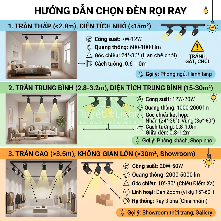 Hướng dẫn chọn đèn rọi ray cho trần thấp, trần trung bình và trần cao theo diện tích phòng