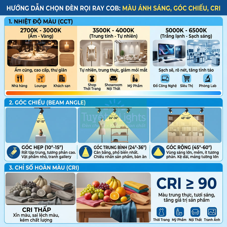 Infographic hướng dẫn chọn đèn rọi ray COB theo nhiệt độ màu, góc chiếu và chỉ số hoàn màu CRI cho từng không gian