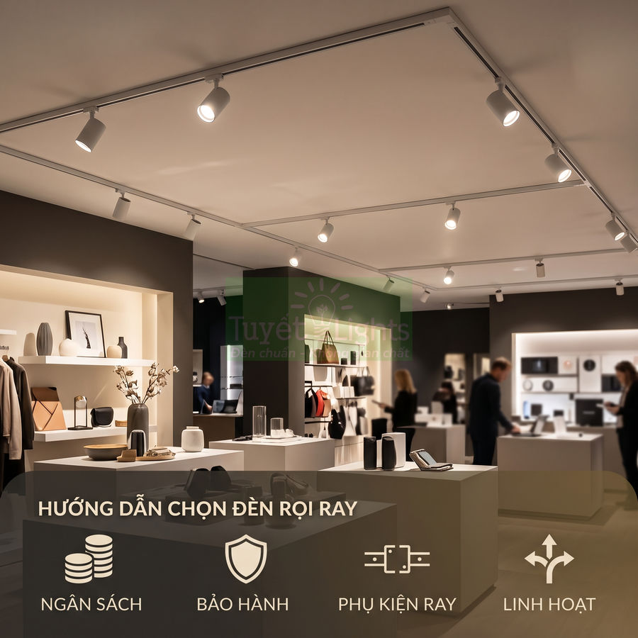 Đèn rọi ray chiếu sáng cửa hàng nội thất hiện đại với quầy trưng bày sản phẩm và khách tham quan