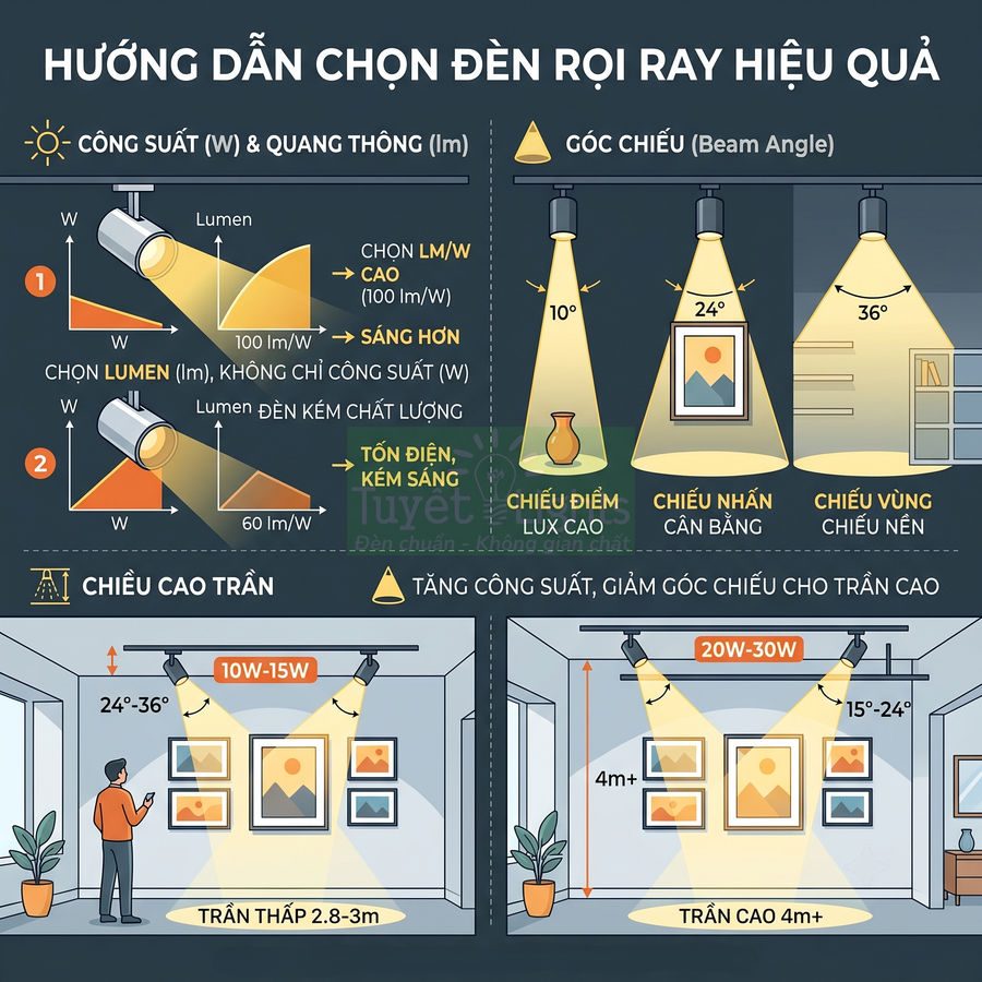 Hướng dẫn chọn đèn rọi ray theo công suất, quang thông, góc chiếu và chiều cao trần nhà