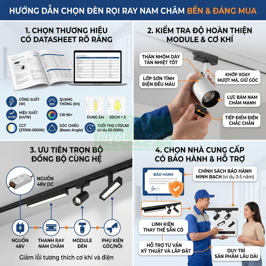 Hướng dẫn chọn đèn rọi ray nam châm bền đẹp với datasheet rõ ràng và bảo hành hỗ trợ đầy đủ