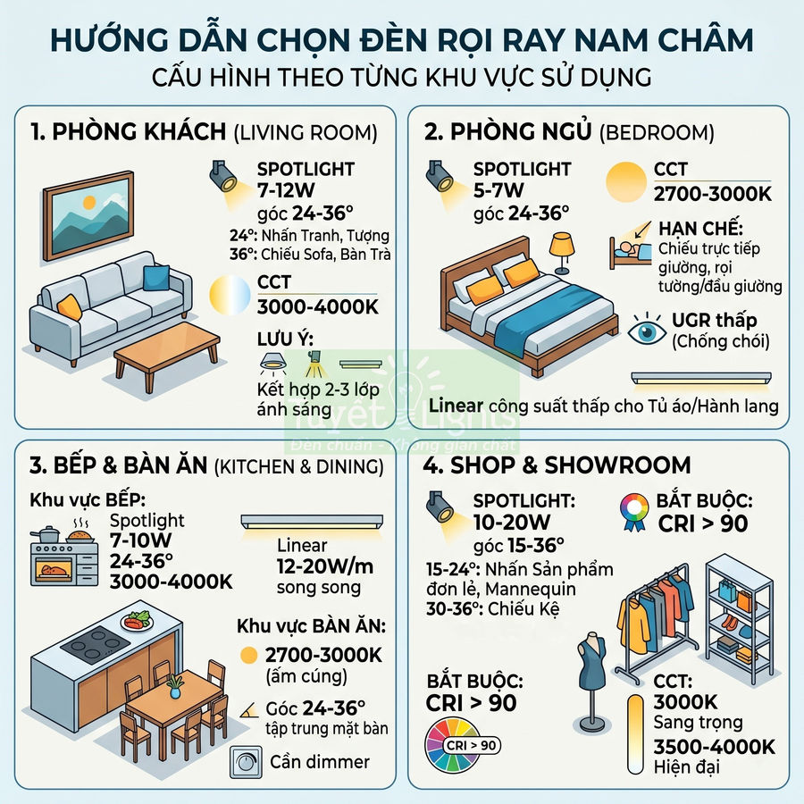 Hướng dẫn chọn đèn rọi ray nam châm cho phòng khách, phòng ngủ, bếp, bàn ăn, shop và showroom