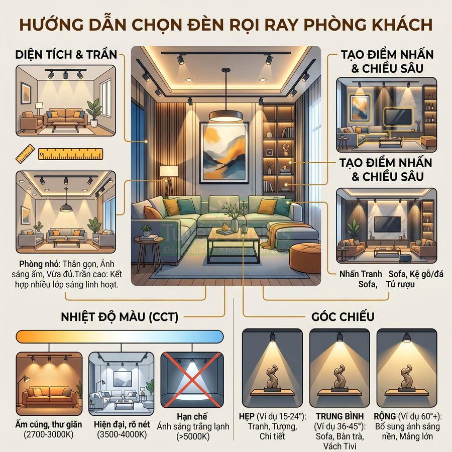 Cách chọn đèn rọi ray cho phòng khách đẹp và sang trọng