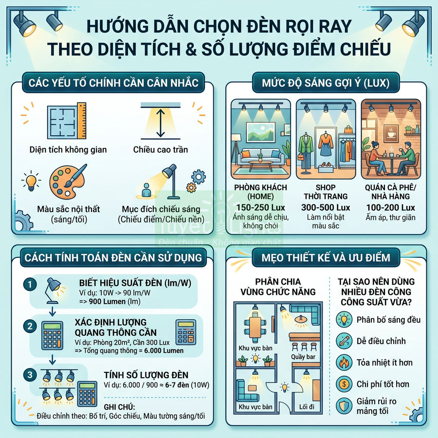 Infographic hướng dẫn chọn đèn rọi ray theo diện tích, độ sáng lux và số lượng đèn chiếu phù hợp