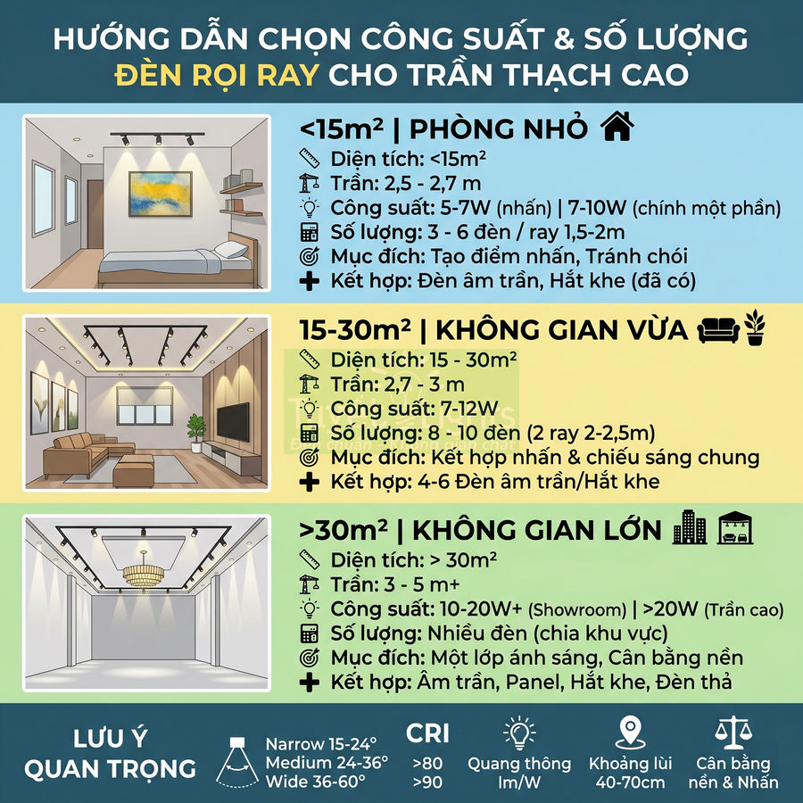 Hướng dẫn chọn công suất và số lượng đèn rọi ray cho trần thạch cao theo diện tích phòng