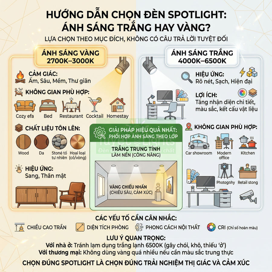 Nên chọn đèn spotlight ánh sáng trắng hay vàng theo từng không gian và mục đích?