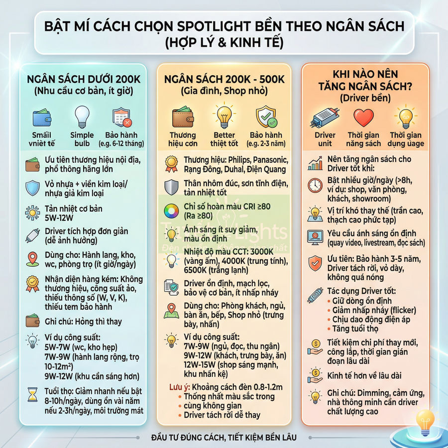 Bảng hướng dẫn chọn đèn spotlight bền theo các mức ngân sách và thời điểm nên tăng ngân sách