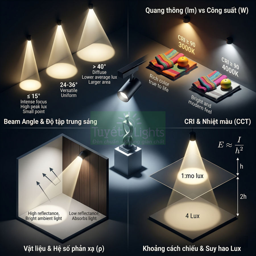 Đèn LED rọi ray và đèn chiếu điểm minh họa góc chiếu, CRI, nhiệt màu và độ sáng cho không gian nội thất