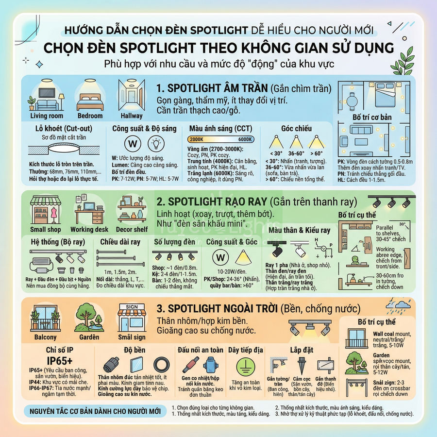 Infographic hướng dẫn chọn đèn spotlight âm trần, rọi ray và ngoài trời cho từng không gian sử dụng