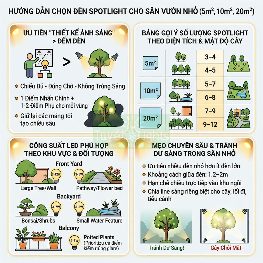 Infographic hướng dẫn chọn đèn spotlight LED cho sân vườn nhỏ theo diện tích, công suất và mẹo bố trí ánh sáng