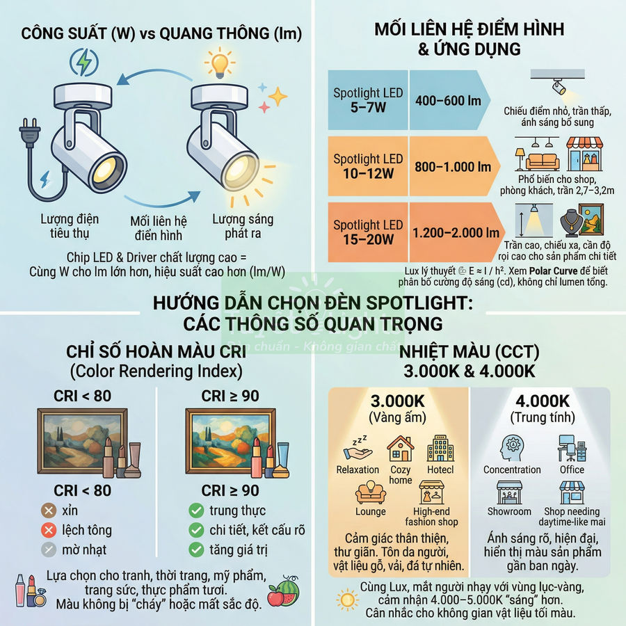 Infographic hướng dẫn chọn đèn spotlight LED theo công suất, quang thông, chỉ số hoàn màu CRI và nhiệt màu 3000K 4000K