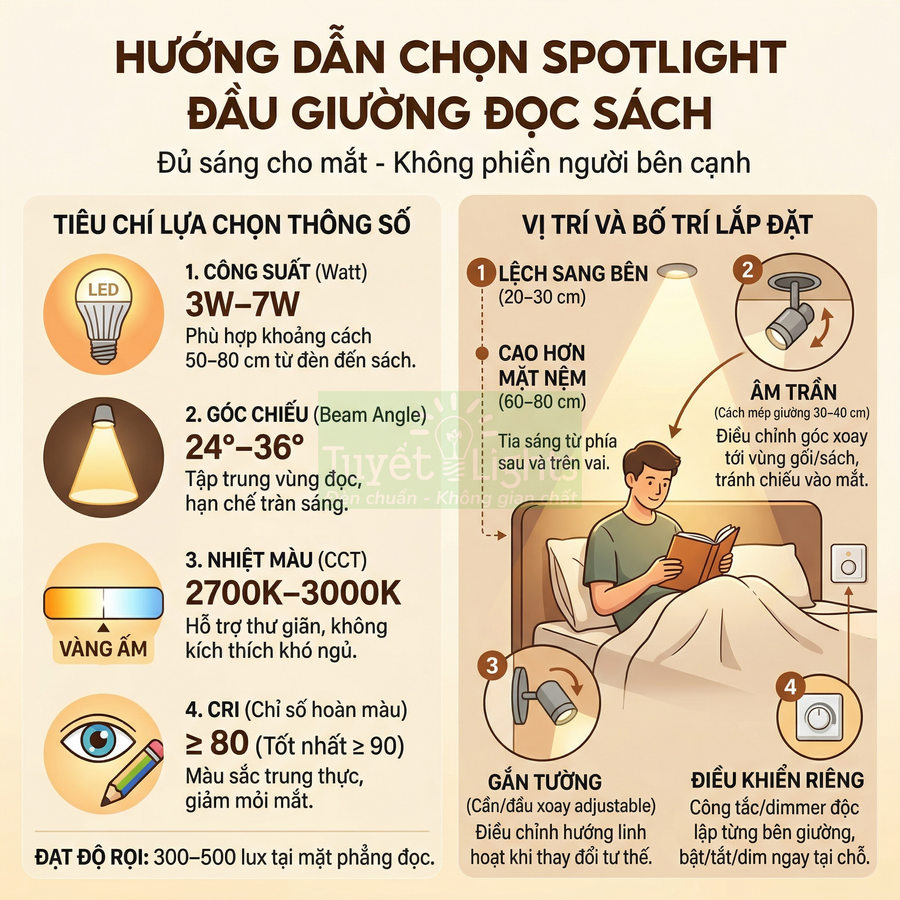 Hướng dẫn chọn đèn spotlight đầu giường đọc sách với thông số công suất, góc chiếu, nhiệt màu và cách lắp đặt